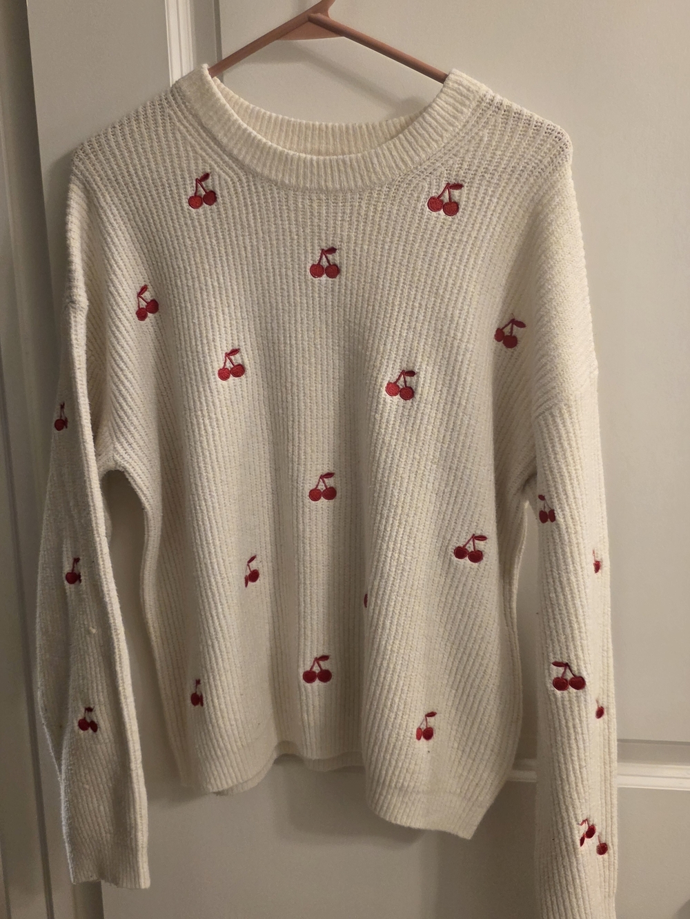 a new day Cream Crewneck Sweater with Red Cherry Motif